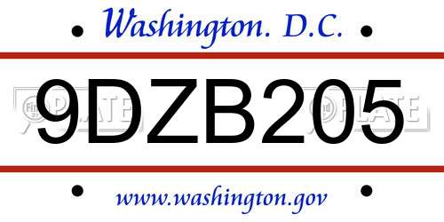 9DZB205 District Of Columbia License Plate