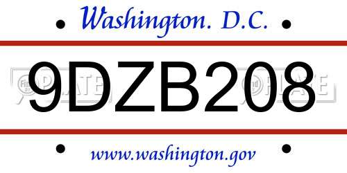 9DZB208 District Of Columbia License Plate
