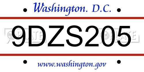9DZS205 District Of Columbia License Plate