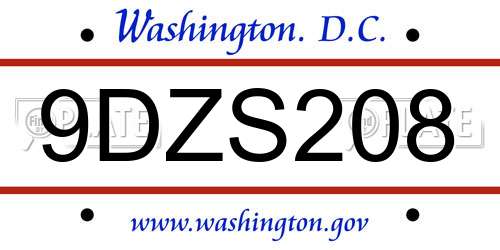 9DZS208 District Of Columbia License Plate