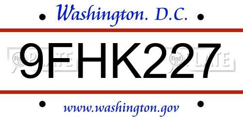 9FHK227 District Of Columbia License Plate