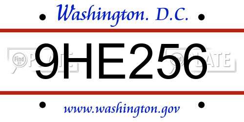 9HE256 District Of Columbia License Plate