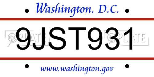 9JST931 District Of Columbia License Plate