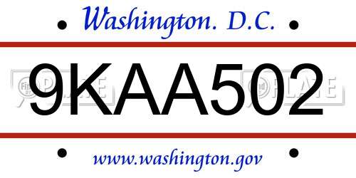 9KAA502 District Of Columbia License Plate