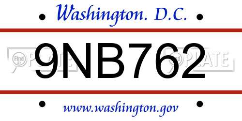 9NB762 District Of Columbia License Plate
