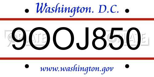 9OOJ850 District Of Columbia License Plate