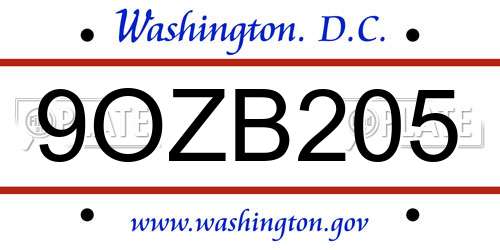 9OZB205 District Of Columbia License Plate