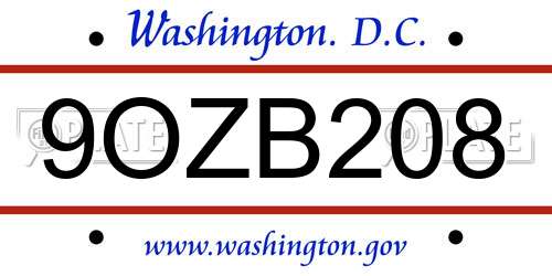 9OZB208 District Of Columbia License Plate