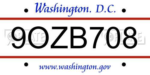 9OZB708 District Of Columbia License Plate