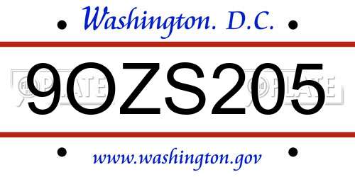 9OZS205 District Of Columbia License Plate