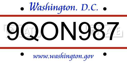 9QON987 District Of Columbia License Plate