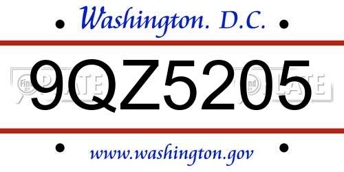 9QZ5205 District Of Columbia License Plate