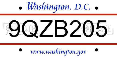 9QZB205 District Of Columbia License Plate