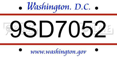 9SD7052 District Of Columbia License Plate