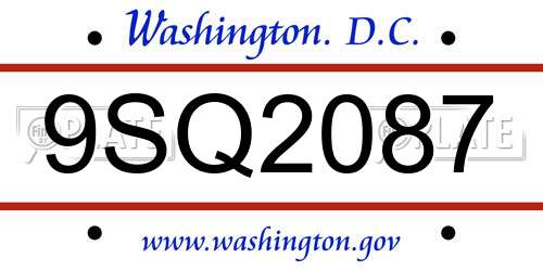 9SQ2087 District Of Columbia License Plate