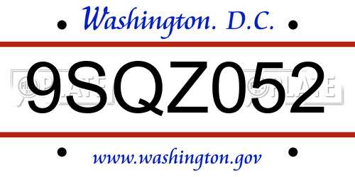 9SQZ052 District Of Columbia License Plate