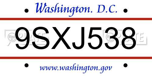 9SXJ538 District Of Columbia License Plate