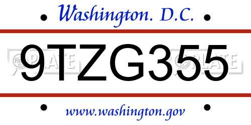 9TZG355 District Of Columbia License Plate