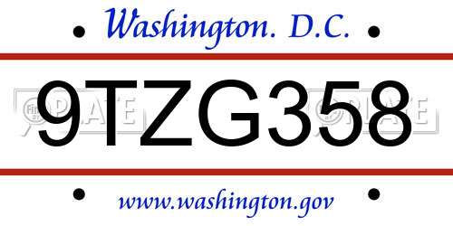 9TZG358 District Of Columbia License Plate