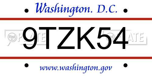 9TZK54 District Of Columbia License Plate