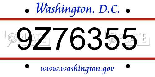 9Z76355 District Of Columbia License Plate