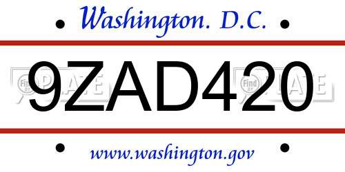9ZAD420 District Of Columbia License Plate