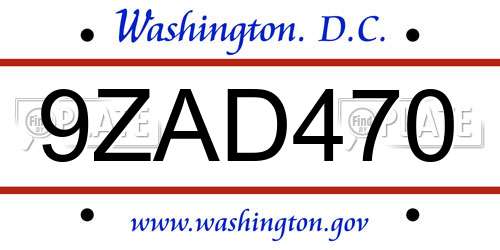 9ZAD470 District Of Columbia License Plate