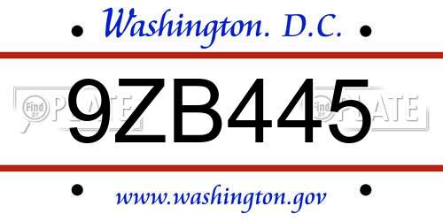 9ZB445 District Of Columbia License Plate