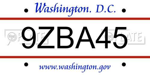 9ZBA45 District Of Columbia License Plate