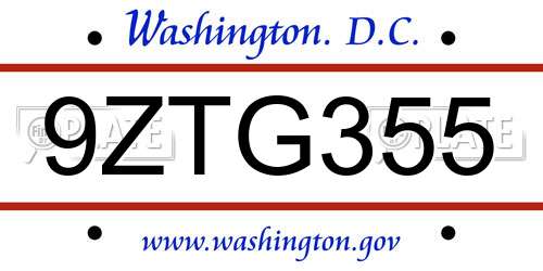 9ZTG355 District Of Columbia License Plate