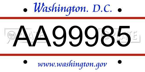 AA99985 District Of Columbia License Plate