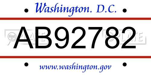 AB92782 District Of Columbia License Plate