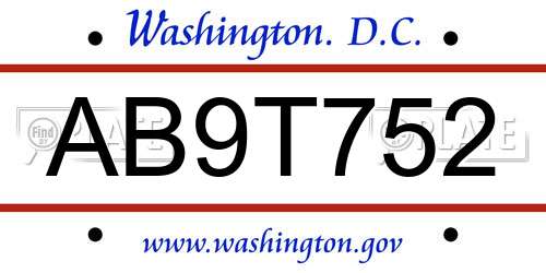 AB9T752 District Of Columbia License Plate