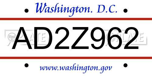 AD2Z962 District Of Columbia License Plate