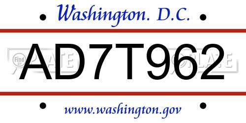 AD7T962 District Of Columbia License Plate