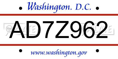 AD7Z962 District Of Columbia License Plate