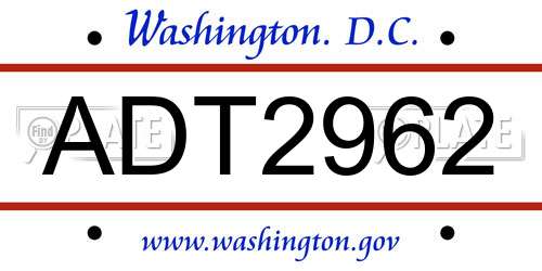 ADT2962 District Of Columbia License Plate