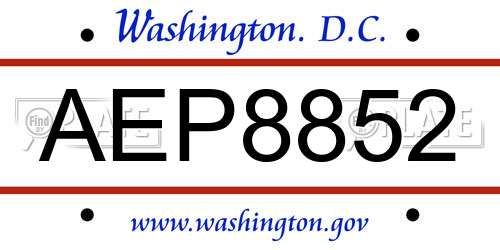 AEP8852 District Of Columbia License Plate