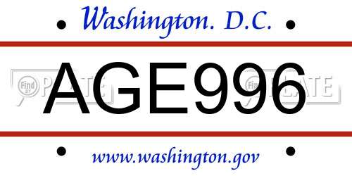 AGE996 District Of Columbia License Plate