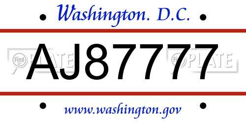 AJ87777 District Of Columbia License Plate