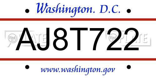 AJ8T722 District Of Columbia License Plate