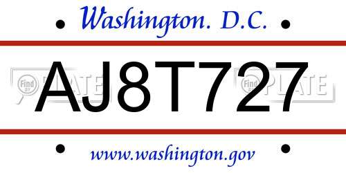 AJ8T727 District Of Columbia License Plate