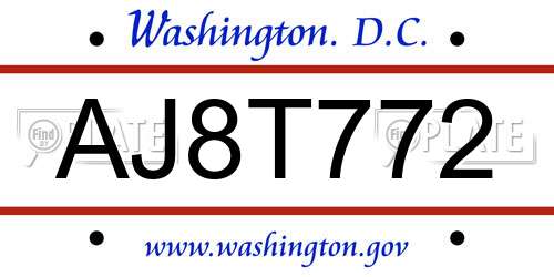 AJ8T772 District Of Columbia License Plate
