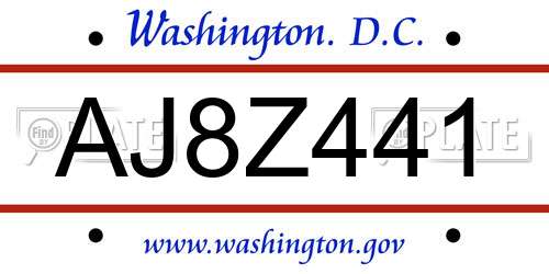 AJ8Z441 District Of Columbia License Plate