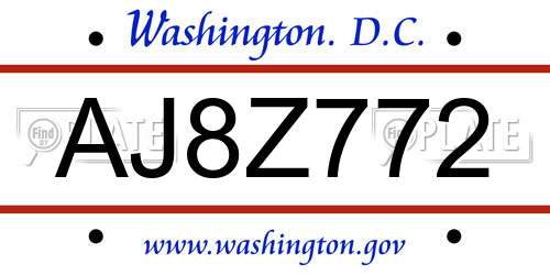AJ8Z772 District Of Columbia License Plate