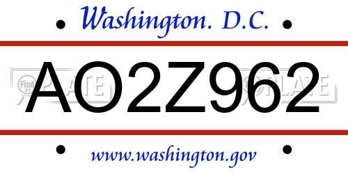 AO2Z962 District Of Columbia License Plate
