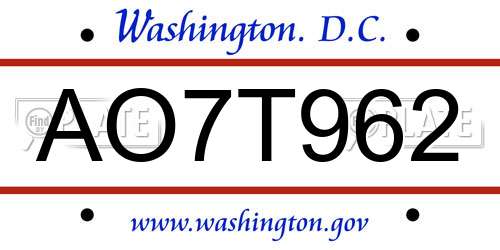 AO7T962 District Of Columbia License Plate