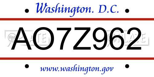 AO7Z962 District Of Columbia License Plate