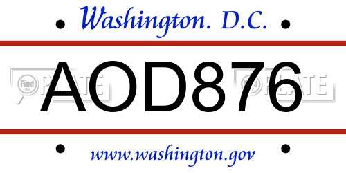 AOD876 District Of Columbia License Plate