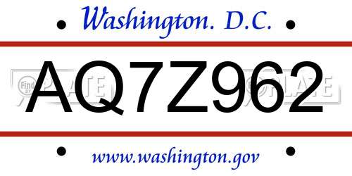 AQ7Z962 District Of Columbia License Plate
